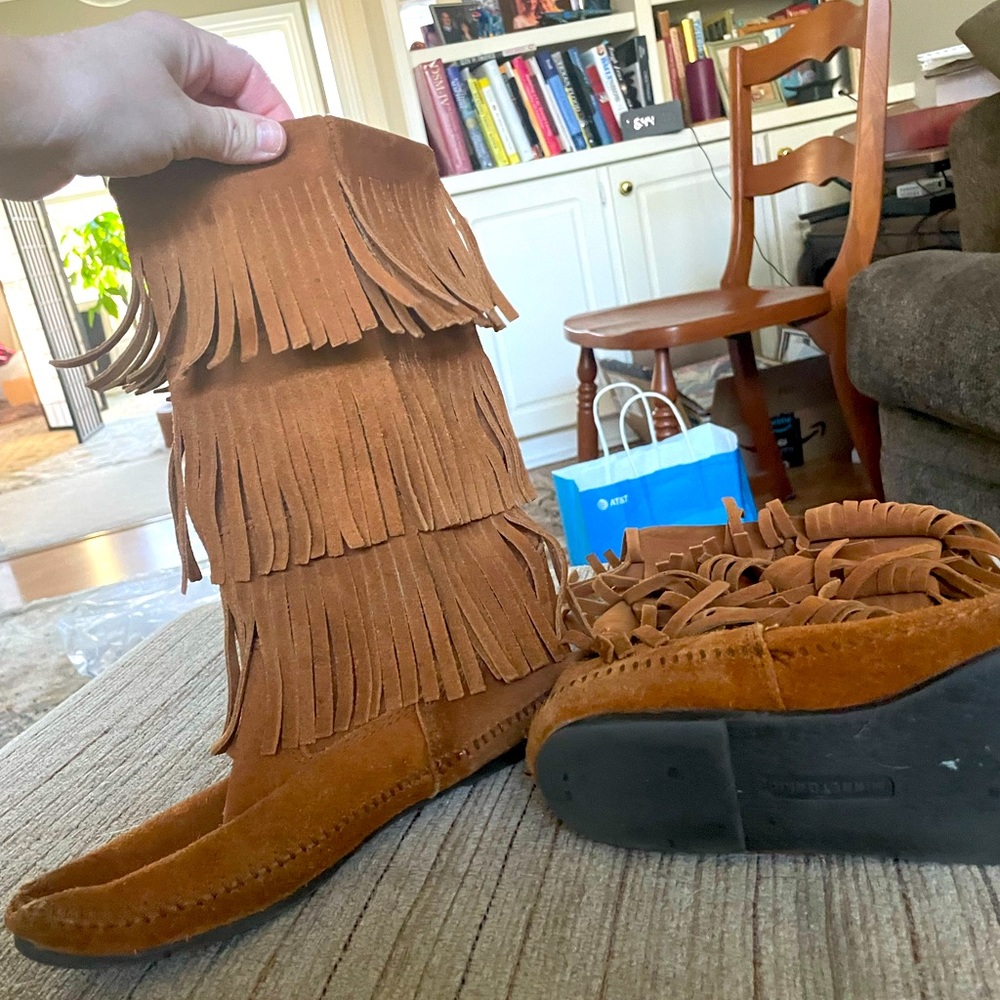 Brown Suede Minnetonka Fringe Boots (size 9 but they do have stretch to them)